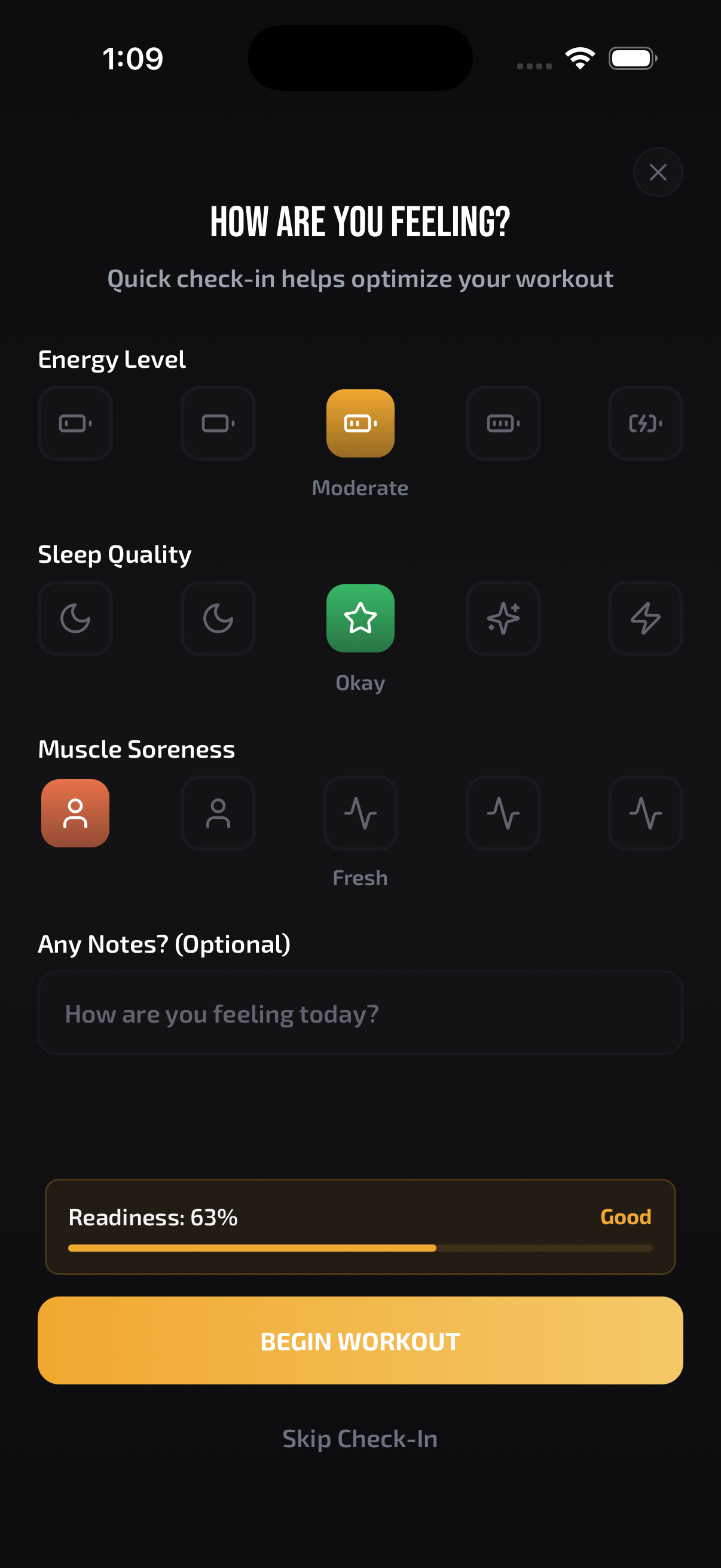 Actual XPLIFT readiness check-in showing energy, sleep, and soreness before a workout